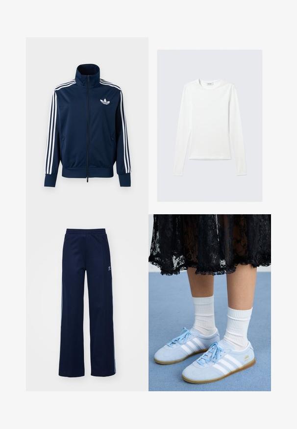 Marineblå Adidas trackjakke med hvide striber på ærmerne, fuld lynlås foran, høj krave og hvidt trefoil-logo på brystet.; Langærmet, enkel hvid T-shirt med rund halsudskæring og tætsiddende pasform, vist mod en lysegrå baggrund.; Marineblå bomuldsblandede træningsbukser med bred benstil, elastisk talje og lynlåslommer, prydet med hvide sideordner og logo-detalje.; Lyseblå sneakers med hvide striber og hvide sokker, båret med en sort blondekjole, på en blå tæppeoverflade.