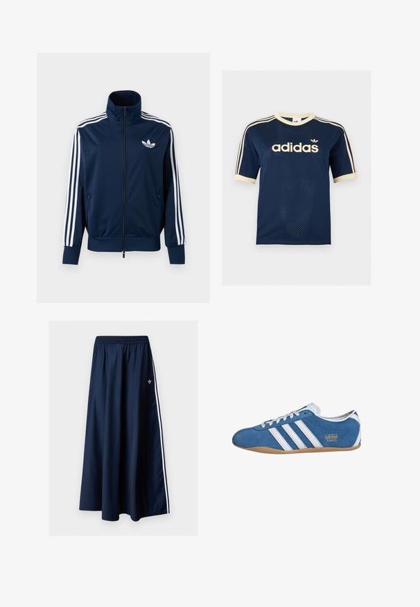 Tmavomodrá Adidas tréningová bunda s bielymi pruhmi na rukávoch, so zapínaním na zips vpredu, vysokým golierom a bielym logom trefoil na hrudi.; Tmavomodré Adidas sieťované tričko s krátkym rukávom s krémovým lemom, troma krémovými pruhmi na rukávoch a logom Adidas na hrudi.; Tmavomodrá maxi sukňa s elastickým pásom, dvoma bielymi bočnými pruhmi a malým bielym logom Adidas na ľavej strane.; Modré semišové tenisky s bielymi koženými prúžkami, zaoblenou špičkou, gumenou podrážkou a zlatým nápisom "adidas TOKYO" na boku.