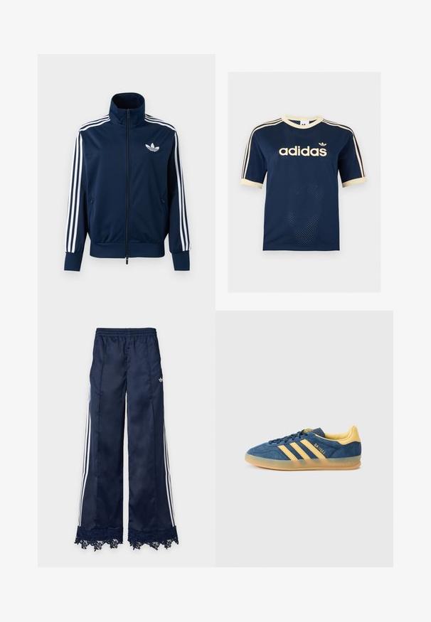 Σκούρο μπλε αθλητικό μπουφάν Adidas με λευκές ρίγες στα μανίκια, ολόκληρο μπροστινό φερμουάρ, ψηλό γιακά και λευκό λογότυπο τριφυλλιού στο στήθος.; Μπλε ναυτικό κοντομάνικο μπλουζάκι Adidas από δίχτυ με κρεμ λεπτομέρειες, τρεις κρεμ ρίγες στα μανίκια και το λογότυπο Adidas στο στήθος.; Ναυτικό μπλε παντελόνες φόρμας με φαρδύ μπατζάκι, λευκές ρίγες πλαϊνές, ελαστική μέση, λογότυπο adidas στο ισχίο και δαντέλα στο κάτω μέρος.; Μπλε σουέντ αθλητικό παπούτσι με κίτρινες λεπτομέρειες, τρεις κίτρινες ρίγες, υφασμένο γλώσσα και διαφανές εξωτερικό πέλμα από καουτσούκ. Ονομασία της μάρκας "Gazelle" ορατή.