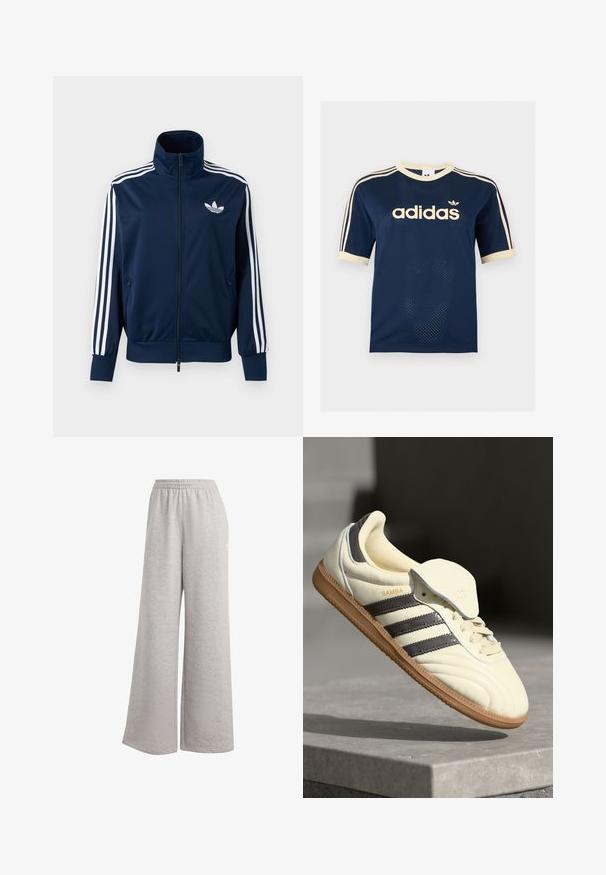 Marineblå Adidas trackjakke med hvide striber på ærmerne, fuld lynlås foran, høj krave og hvidt trefoil-logo på brystet.; Adidas mørkeblå mesh t-shirt med korte ærmer med cremefarvet kant, tre cremefarvede striber på ærmerne og Adidas-logo på brystet.; Lys grå sweatsbukser med en løs pasform, elastisk talje og blød tekstur. Har subtil branding på den ene side. Casual design.; Cremefarvede lædersneakers med tre mørke striber, en brun gummisål og en afrundet tå. Har en foldbar tunge mærket "SAMBA."