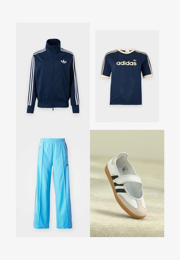 Tmavomodrá Adidas tréningová bunda s bielymi pruhmi na rukávoch, so zapínaním na zips vpredu, vysokým golierom a bielym logom trefoil na hrudi.; Tmavomodré Adidas sieťované tričko s krátkym rukávom s krémovým lemom, troma krémovými pruhmi na rukávoch a logom Adidas na hrudi.; Svetlomodré športové nohavice s elastickým pásom, bočnými zipsami a čiernymi bočnými akcentmi. Mäkkučký materiál s voľným, širokým strihom.; Biele topánky s ružovým semišovým špičkou, čiernymi pruhmi a suchým zipsom. Majú hnedú gumovú podrážku a logo po boku.
