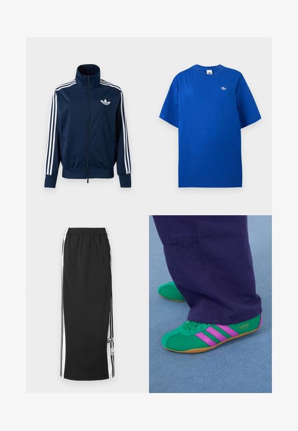 Marineblå Adidas trackjakke med hvide striber på ærmerne, fuld lynlås foran, høj krave og hvidt trefoil-logo på brystet.; Blå Adidas T-shirt med korte ærmer og rund halsudskæring med lille hvid Adidas trefoil-logo på venstre bryst.; Sort lang atletisk nederdel med hvide sidepaneler og sorte striber, elastisk taljebånd og Adidas-logo i patch nær nederste kant.; Grønne og lilla ruskinds sportsko med tre stribede detaljer og en gummisål, parret med lilla bukser, på en blød blå overflade.