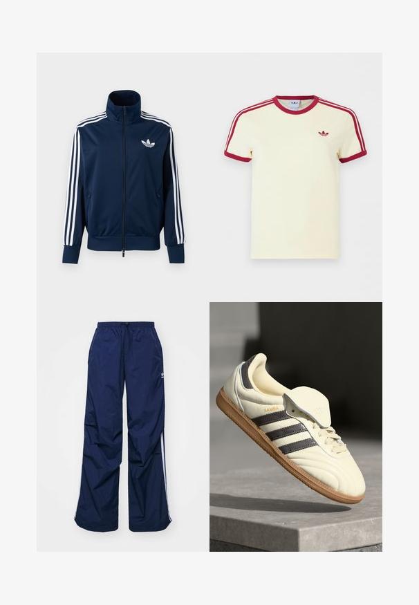 Chaqueta deportiva azul marino de Adidas con rayas blancas en las mangas, cremallera completa en la parte delantera, cuello alto y logotipo trefoil blanco en el pecho.; Camiseta Adidas de manga corta color crema con cuello y puños de manga acanalados en rojo, tres rayas rojas en los hombros y logo trefoil de Adidas en rojo en el pecho.; Pantalones de color azul marino, ligeros, con cintura elástica y cordón ajustable, con franjas blancas laterales y un pequeño logo en la parte delantera. Diseño de corte holgado.; Zapatilla de cuero crema con tres rayas oscuras, suela de goma marrón y punta redondeada. Cuenta con una lengüeta plegable etiquetada como "SAMBA".