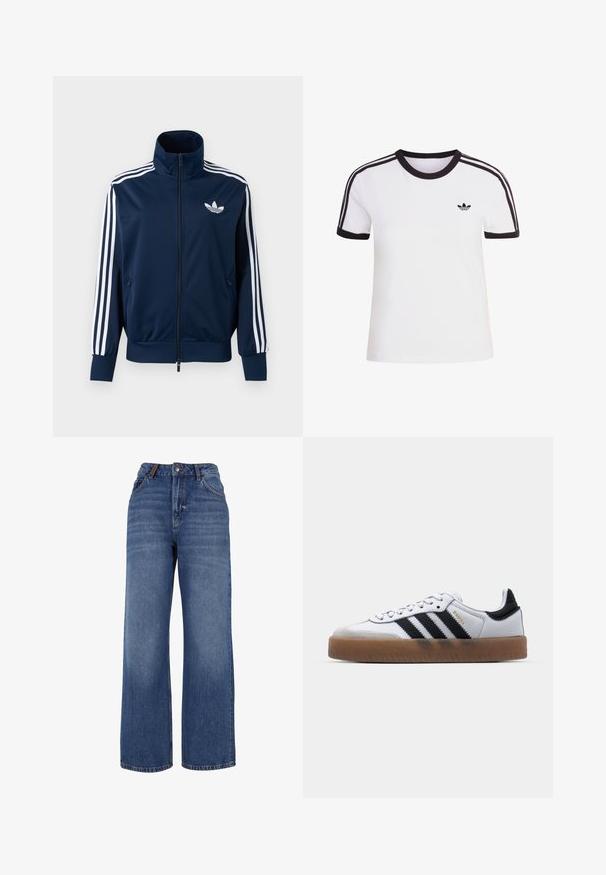 Marineblauw Adidas trainingsjack met witte strepen op de mouwen, volledige rits aan de voorkant, hoge kraag en wit trefoil-logo op de borst.; Wit T-shirt met korte mouwen en zwarte accenten, voorzien van een ronde hals en drie zwarte strepen op elke schouder. Klein zwart logo op de borst.; Wijdgesneden denim jeans van middelzware blauwe katoenstof. Bevat een klassieke vijf-pocket ontwerp en een ritssluiting met knoopsluiting.; Witte leren sneakers met zwarte strepen, gumrubberen buitenzool, ronde neus, vetersluiting en een zachte grijze suède neuskap.
