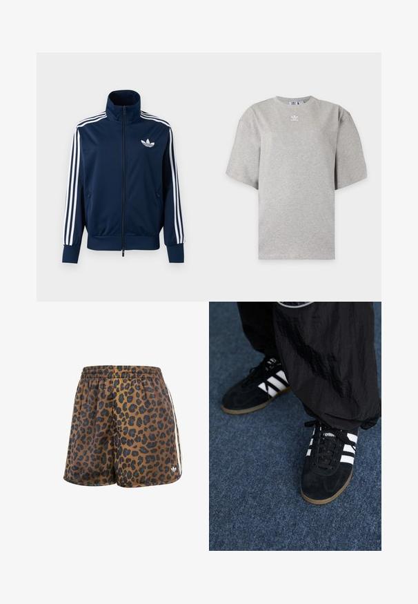 Marineblauw Adidas trainingsjack met witte strepen op de mouwen, volledige rits aan de voorkant, hoge kraag en wit trefoil-logo op de borst.; Lichtgrijs Adidas T-shirt met korte mouwen, ronde hals en klein wit Adidas-logo op de borst, weergegeven op een effen achtergrond.; adidas Originals WIDE LEG LEO PRINT SATIN - Shorts - multicolor bronze strata; Zwarte suède sportschoenen met drie witte strepen en zwarte veters. Een gestructureerde zwarte broek is deels zichtbaar naast de schoenen.