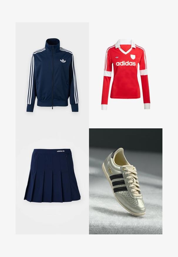 Tmavomodrá Adidas tréningová bunda s bielymi pruhmi na rukávoch, so zapínaním na zips vpredu, vysokým golierom a bielym logom trefoil na hrudi.; Červený futbalový dres s dlhým rukávom a bielym golierom a manžetami. Na ramenách sú tri biele pruhy a výrazne zobrazené logo "adidas".; Námornícky skládací sukňa vyrobená z ľahkého materiálu; má elastický pás a malú zipsovú kapsu, s bielym logom Adidas vpredu.; Svetlo šedé kožené tenisky s čiernymi pruhmi, perforovanými detailmi, béžovými šnúrkami a zlatou nášivkou. Textúrovaná gumová podrážka.