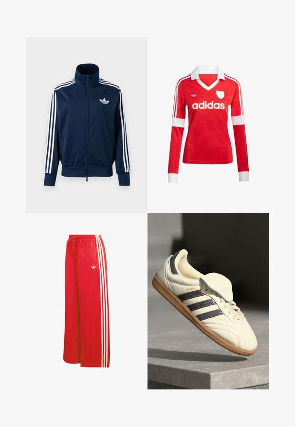 Marineblå Adidas trackjakke med hvide striber på ærmerne, fuld lynlås foran, høj krave og hvidt trefoil-logo på brystet.; Rød langærmet fodboldtrøje med hvid krave og manchetter. Har tre hvide striber på skuldrene og "adidas" logoet fremtrædende vist.; Røde træningsbukser lavet af let materiale, med bred benudformning, elastisk talje, snøre og tre hvide striber på hver side.; Cremefarvede lædersneakers med tre mørke striber, en brun gummisål og en afrundet tå. Har en foldbar tunge mærket "SAMBA."