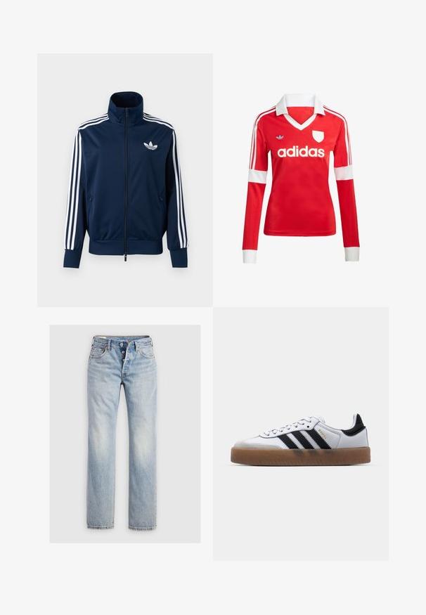 Marineblå Adidas trackjakke med hvide striber på ærmerne, fuld lynlås foran, høj krave og hvidt trefoil-logo på brystet.; Rød langærmet fodboldtrøje med hvid krave og manchetter. Har tre hvide striber på skuldrene og "adidas" logoet fremtrædende vist.; Lysblå denim jeans med lige ben, fem-knap lukning og baglommer med diskret stikning.; Hvide lædersneakers med sorte striber, gummirubber sål, rund tå, snørelukning og blød grå ruskinds tåhætte.