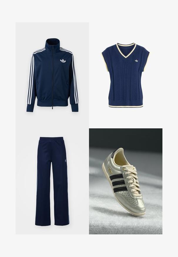 Marineblå Adidas trackjakke med hvide striber på ærmerne, fuld lynlås foran, høj krave og hvidt trefoil-logo på brystet.; Marineblå strikket ærmeløs sweatervest med hvid kant på V-hals, ærmegab og kant, med lille hvid Adidas-logo på brystet.; Marineblå bomuldsblandede træningsbukser med bred benstil, elastisk talje og lynlåslommer, prydet med hvide sideordner og logo-detalje.; Lys grå lædersneaker med sorte striber, perforerede detaljer, beige snørebånd og et guld logo-patch. Tekstureret gummisål.