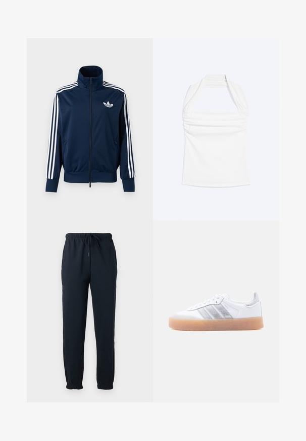Chaqueta deportiva azul marino de Adidas con rayas blancas en las mangas, cremallera completa en la parte delantera, cuello alto y logotipo trefoil blanco en el pecho.; Top blanco de cuello halter con escote recto y fruncidos en el pecho, mostrado sobre un fondo liso y claro.; Pantalones deportivos negros con cintura elástica, cordón, bolsillos laterales y puños elásticos en los tobillos.; Zapatilla blanca de perfil bajo con suela de goma, acentos laterales plateados a rayas y cierre de cordones, mostrada sobre un fondo claro y liso.