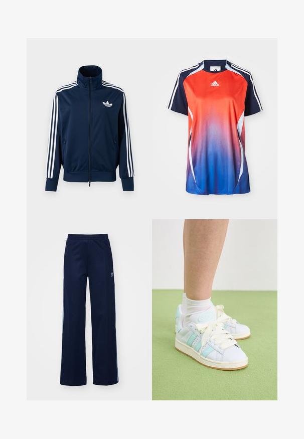 Marineblaue Adidas Trainingsjacke mit weißen Streifen an den Ärmeln, durchgehendem Reißverschluss vorne, hohem Kragen und weißem Trefoil-Logo auf der Brust.; Adidas Sportshirt mit kurzen Ärmeln in einem Farbverlauf von Rot zu Blau, mit marineblauen Akzenten und weißen Streifen an den Schultern.; Helleblaue Baumwollmischung Trainingshosen mit weit geschnittenem Design, elastischem Bund und Reißverschlusstaschen, mit weißen Seitenstreifen und Logodetails.; Weiße Leder-Sneaker mit mintfarbenen Akzenten, rundem Logo und cremefarbenen Schnürsenkeln; strukturierte Gummisohle; kombiniert mit weißen Socken auf grünem Boden.
