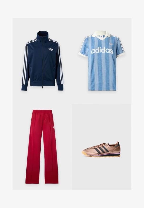 Marineblauw Adidas trainingsjack met witte strepen op de mouwen, volledige rits aan de voorkant, hoge kraag en wit trefoil-logo op de borst.; Lichtblauw poloshirt met korte mouwen, verticale strepen, witte accenten en een opvallend wit "adidas"-logo aan de voorkant.; Rode trainingsbroek met wijd uitlopende pijpen, elastische tailleband, zijzakken met rits, witte strepen aan de zijkanten en een klein wit logo op de linker dij.; Bronzen atletiekschoen met drie zwarte strepen, gladde textuur, vetersluiting, contrasterende lichtbruine zool met paarse accent, retro stijl.