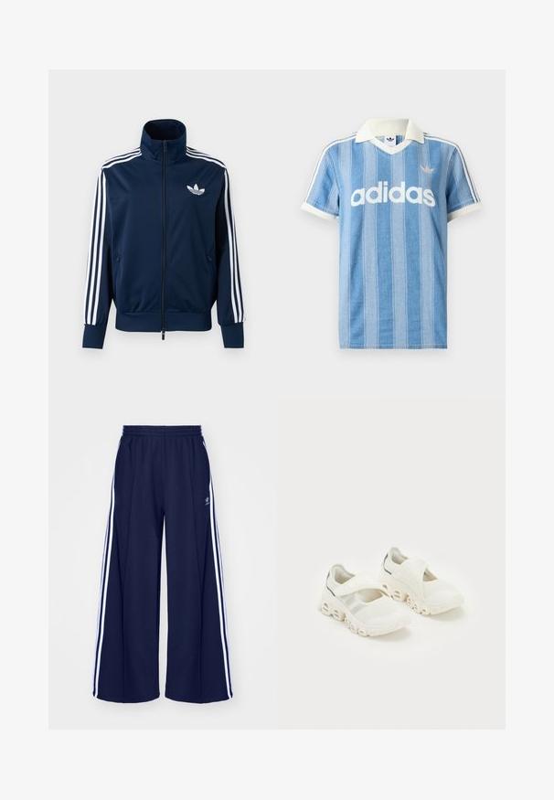 Veste de survêtement Adidas bleu marine avec des rayures blanches sur les manches, fermeture éclair intégrale à l'avant, col montant et logo trèfle blanc sur la poitrine.; Polo à manches courtes bleu clair avec des rayures verticales, des accents blancs et un logo "adidas" blanc proéminent à l'avant.; adidas Originals PANT - Pantalon de survêtement - night indigo; Baskets de sport blanches en mesh avec une fermeture à sangle, un support de cheville rembourré, et un design de semelle incurvée distinctif comportant des sections creusées.