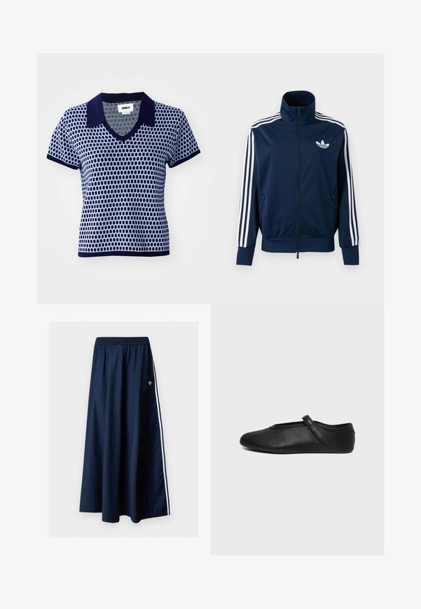Marineblaue Adidas Trainingsjacke mit weißen Streifen an den Ärmeln, durchgehendem Reißverschluss vorne, hohem Kragen und weißem Trefoil-Logo auf der Brust.; Türkis und marineblaues Kurzarm-Polo mit V-Ausschnitt, das ein strukturiertes geometrisches Muster sowie einen einfarbigen marineblauen Kragen und Bündchen aufweist.; Marineblauer Maxirock mit elastischem Bund, zwei weißen Seitenstreifen und kleinem weißen Adidas-Logo auf der linken Seite.; Schwarzer flacher Schuh mit einem dünnen Riemen über dem Rist und kleinen perforierten Löchern an der Seite, seitlich gezeigt.