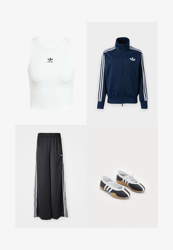Marineblå Adidas trackjakke med hvide striber på ærmerne, fuld lynlås foran, høj krave og hvidt trefoil-logo på brystet.; Hvid bomulds-tanktop med en tætsiddende ribbet tekstur, rund halsudskæring og broderet sort Adidas-logo på forsiden.; Sorte vide bukser med lodrette hvide striber, elastisk talje og tre hvide striber langs siden. Adidas-logo på forsiden.; Sort-hvide sportsko med et slankt design, gummisål, snørebåndslukning og tre hvide striber på siden.
