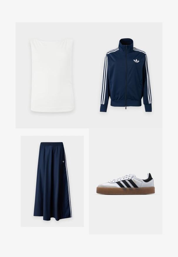 Chaqueta deportiva azul marino de Adidas con rayas blancas en las mangas, cremallera completa en la parte delantera, cuello alto y logotipo trefoil blanco en el pecho.; Top sin mangas blanco hecho de una tela suave, con un corte holgado y un escote redondeado. Sin patrones ni adornos.; Falda maxi azul marino con cintura elástica, dos franjas laterales blancas y un pequeño logo blanco de Adidas en el lado izquierdo.; Zapatillas de cuero blancas con rayas negras, suela de goma, puntera redonda, cierre de cordones y caperuza de ante gris suave.