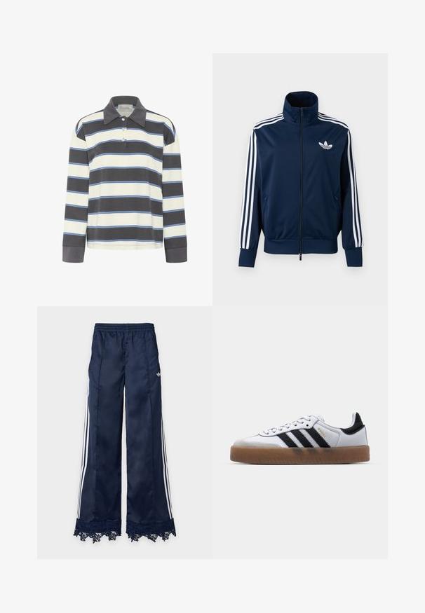 Chaqueta deportiva azul marino de Adidas con rayas blancas en las mangas, cremallera completa en la parte delantera, cuello alto y logotipo trefoil blanco en el pecho.; Polo de manga larga en rayas horizontales de color azul marino y blanco con acentos en azul claro. Presenta un cuello con solapa y una tapeta de tres botones.; Pantalones deportivos de pierna ancha azul marino con rayas laterales blancas, cintura elástica, logo de adidas en la cadera y detalle de encaje en el dobladillo.; Zapatillas de cuero blancas con rayas negras, suela de goma, puntera redonda, cierre de cordones y caperuza de ante gris suave.