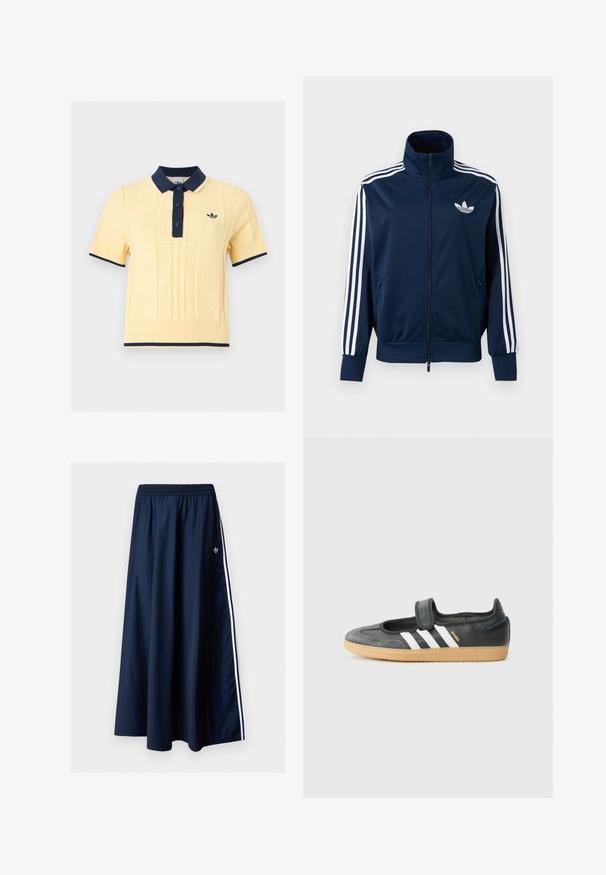 Marineblå Adidas trackjakke med hvide striber på ærmerne, fuld lynlås foran, høj krave og hvidt trefoil-logo på brystet.; Kortærmet gul strikket polo med navy krave, knaplukning, manchetter, kant nederst og lille broderet logo på brystet.; Marineblå maxi nederdel med elastisk talje, to hvide sidelister og en lille hvid Adidas-logo på venstre side.; Sort læder- og ruskinds sneakers med en Velcro-rem, der har tre hvide striber og en gummisål, mærket "SAMBA" på siden.