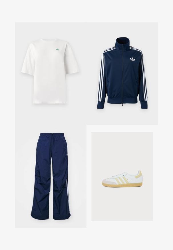 Chaqueta deportiva azul marino de Adidas con rayas blancas en las mangas, cremallera completa en la parte delantera, cuello alto y logotipo trefoil blanco en el pecho.; Camiseta blanca de algodón, con mangas cortas y cuello redondo. Un pequeño logo verde está situado en la zona izquierda del pecho.; Pantalones de color azul marino, ligeros, con cintura elástica y cordón ajustable, con franjas blancas laterales y un pequeño logo en la parte delantera. Diseño de corte holgado.; Zapatilla blanca Adidas Samba con franjas de ante beige, parche en el talón, superposición en la puntera y suela de goma color goma sobre fondo blanco.