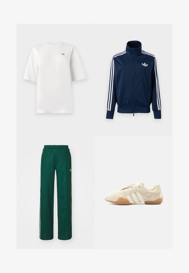 Chaqueta deportiva azul marino de Adidas con rayas blancas en las mangas, cremallera completa en la parte delantera, cuello alto y logotipo trefoil blanco en el pecho.; Camiseta blanca de algodón, con mangas cortas y cuello redondo. Un pequeño logo verde está situado en la zona izquierda del pecho.; Pantalones deportivos de color verde oscuro con un corte relajado, que cuentan con una cintura con cordón, bolsillos laterales y franjas color crema a lo largo de los costados.; Zapatilla beige de perfil bajo con tres franjas blancas, paneles laterales de ante texturizado, suela de goma y cierre con cordones sobre un fondo liso.