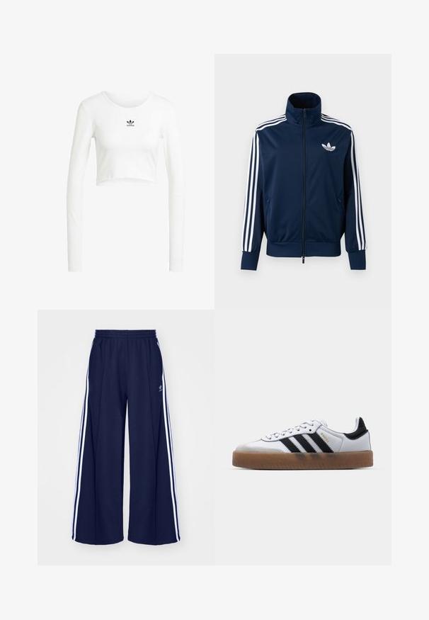 Marineblå Adidas trackjakke med hvide striber på ærmerne, fuld lynlås foran, høj krave og hvidt trefoil-logo på brystet.; Hvid cropped langærmet skjorte lavet af ribbet bomuld. Har rund hals og lille sort Adidas-logo på brystet.; adidas Originals PANT - Træningsbukser - night indigo; Hvide lædersneakers med sorte striber, gummirubber sål, rund tå, snørelukning og blød grå ruskinds tåhætte.