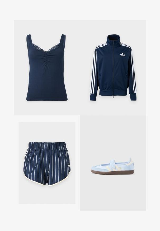 Navy blue Adidas track jacket with white stripes on sleeves, full front zipper, high collar, and white trefoil logo on chest.; Navy blue sleeveless women's top with lace trim neckline and gathered detail at the center front.; Navy blue athletic shorts with white vertical stripes, elastic waistband, two front snaps, white trim, and Adidas logo on left leg.; Light blue sneaker with a velcro strap, cream stripes on the sides, soft fabric upper, textured brown rubber sole.