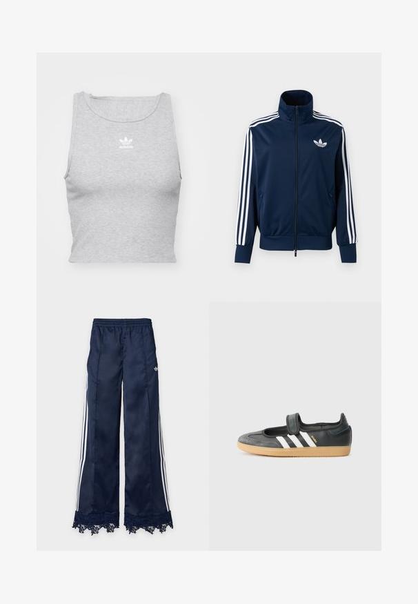 Marineblaue Adidas Trainingsjacke mit weißen Streifen an den Ärmeln, durchgehendem Reißverschluss vorne, hohem Kragen und weißem Trefoil-Logo auf der Brust.; Graues, ärmelloses Crop-Top aus weichem Stoff, mit Rundhalsausschnitt und kleinem weißen Adidas-Logo auf der Brust.; Marineblaue Trainingshose mit weitem Bein, weißen Seitenstreifen, elastischem Bund, adidas-Logo an der Hüfte und Spitzenbesatz am Saum.; Schwarze Leder- und Wildledersneaker mit einem Klettverschluss, ausgestattet mit drei weißen Streifen und einer Gummisohle, beschriftet mit "SAMBA" an der Seite.