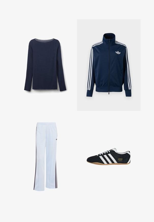 Chaqueta deportiva azul marino de Adidas con rayas blancas en las mangas, cremallera completa en la parte delantera, cuello alto y logotipo trefoil blanco en el pecho.; Camiseta de manga larga de color azul marino hecha de una tela suave, con un cuello redondo y un corte relajado. El dobladillo y los bordes de las mangas están cuidadosamente terminados.; Pantalones deportivos Adidas azul claro con cintura elástica, piernas acampanadas, rayas negras en los laterales y logotipo Adidas trefoil en la parte superior del muslo.; Zapatillas de ante negro con tres franjas blancas, logotipo dorado y suela de goma marrón. Presentan un diseño de cordones de perfil bajo.