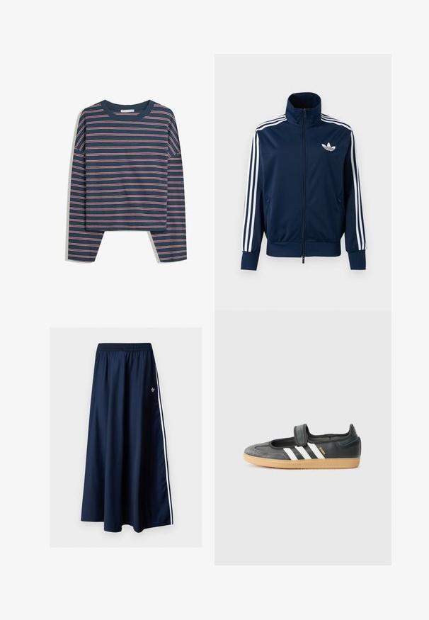 Marineblaue Adidas Trainingsjacke mit weißen Streifen an den Ärmeln, durchgehendem Reißverschluss vorne, hohem Kragen und weißem Trefoil-Logo auf der Brust.; Marineblaues Langarmoberteil mit weißen und rosa horizontalen Streifen; Rundhalsausschnitt; lockere Passform; weicher Stoff; seitliche Schlitze am Saum für mehr Bewegungsfreiheit.; Marineblauer Maxirock mit elastischem Bund, zwei weißen Seitenstreifen und kleinem weißen Adidas-Logo auf der linken Seite.; Schwarze Leder- und Wildledersneaker mit einem Klettverschluss, ausgestattet mit drei weißen Streifen und einer Gummisohle, beschriftet mit "SAMBA" an der Seite.