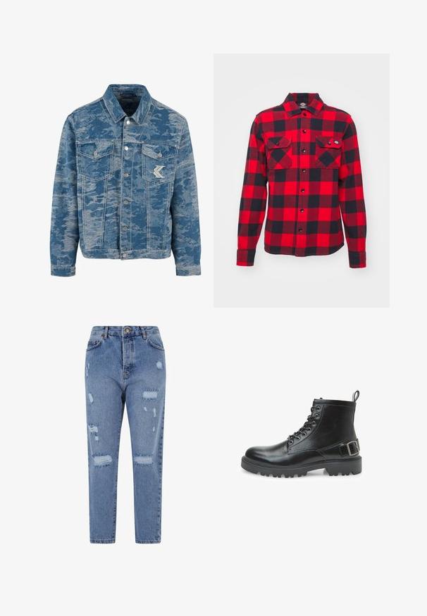 Blauwe denimjas met een gestructureerd, vervaagd patroon. Heeft een button-up voorkant, twee borstzakken en een logo-accent op de zak.; Rood en zwart geruite flanellen shirt met lange mouwen, twee borstzakken en knoopsluiting, met een klassieke kraag en gestructureerde stof.; Lichtblauwe denim jeans met een hoge taille, rechte pijpen en een versleten ontwerp met scheuren en rafelige randen overal.; Zwarte leren combatboot met veters, metalen oogjes, robuuste zool, trekband aan de hiel en een decoratieve gesp op de zijkant.