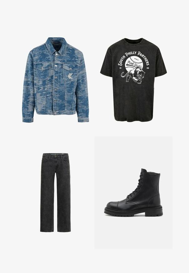 Blå denimjakke med et tekstureret, falmet mønster. Har knaplukning foran, to brystlommer og et logo accent på lommen.; Sort bomulds t-shirt med korte ærmer, der har en grafik af en panter og teksten "South Philly Panthers" med et baseballdesign.; Sorte denim jeans med afslappet pasform, lige ben, fem-lomme design og en subtil falmet tekstur. Har knap- og lynlåslukning.; AllSaints HANK - Snørestøvletter - black