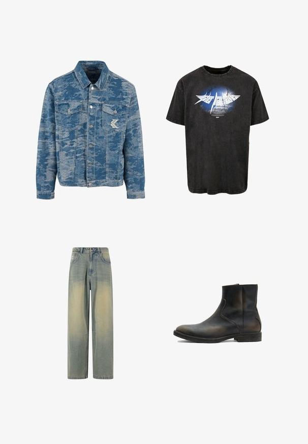 Blå denimjakke med et tekstureret, falmet mønster. Har knaplukning foran, to brystlommer og et logo accent på lommen.; Sort bomulds T-shirt med et grafisk design af blå himmel og skyer, hvid tekst og et slidt udseende, med korte ærmer og rund hals.; Lyseblå denim wide-leg jeans med en falmet gradient, som har fem lommer og en klassisk talje med bæltestropper.; AllSaints LANG - Støvletter - brown
