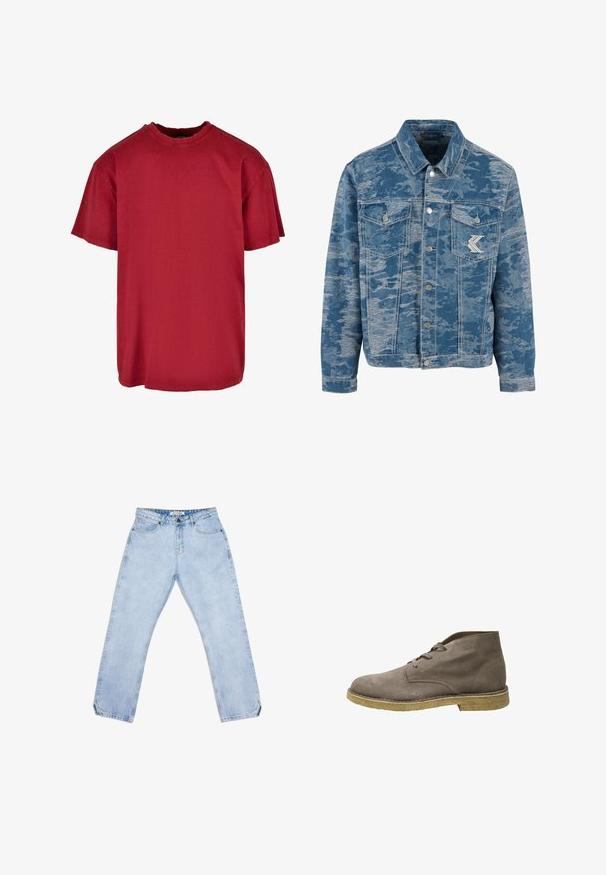 Blaues Jeansjacke mit einem strukturierten, verblassten Muster. Mit einem Knopfverschluss vorne, zwei Brusttaschen und einem Logo-Detail auf der Tasche.; Rotes Baumwoll-T-Shirt mit lässiger Passform, kurzen Ärmeln, rundem Halsausschnitt und abgenutzten Akzenten in der Nähe der Schultern. Keine sichtbaren Logos.; Hellblaue Jeans aus Denim mit geradem Bein, ausgestattet mit fünf Taschen, einem Knopfverschluss und dezentem Verblassen. Keine sichtbaren Muster oder Logos.; Selected Chukka Suede - Schnürstiefelette - almondine