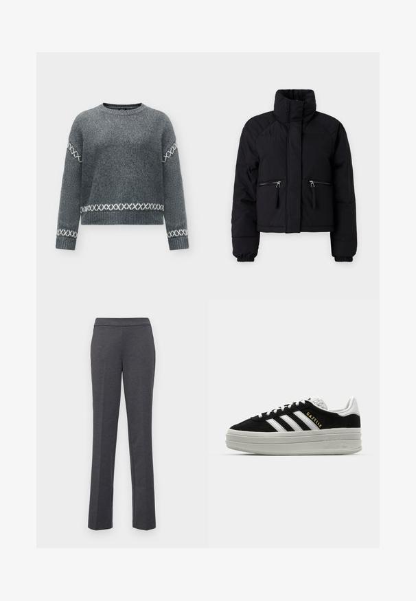 Doudoune noire courte avec un col montant, deux poches avant zippées, des poignets élastiques et une texture lisse.; Pull gris tricoté à manches longues avec motifs en point de croix blancs sur les manches, les poignets et près de l'ourlet, avec un col rond.; Pantalons gris avec une coupe droite, texture lisse et une large ceinture. Comprend des poches latérales pour plus de praticité.; Baskets en daim noir avec des accents en cuir blanc, trois rayures blanches, lacets plats et une semelle épaisse en gris. Marquage doré "Gazelle".