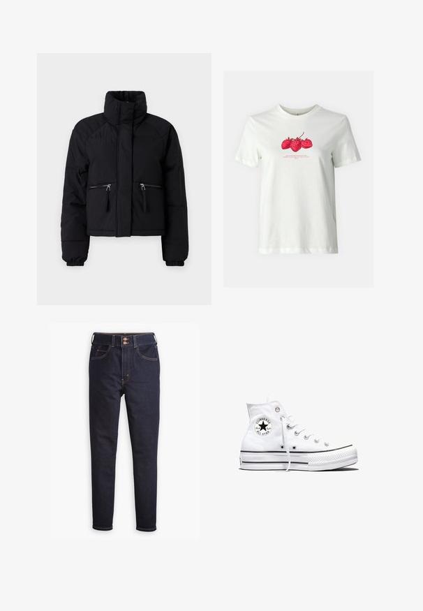 Doudoune noire courte avec un col montant, deux poches avant zippées, des poignets élastiques et une texture lisse.; ONLY ONLKATE TEE - T-shirt imprimé - cloud dancer; Jean skinny taille haute bleu marine avec poches avant, fermeture à double bouton et surpiqûres orange contrastantes sur un fond blanc.; Baskets montantes blanches Converse Chuck Taylor All Star avec patch logo noir et lacets blancs, présentées sur fond blanc.