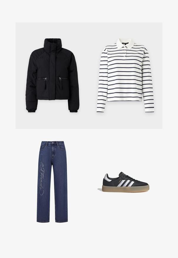 Chaqueta acolchada negra corta con un collar alto, dos bolsillos frontales con cremallera, puños elásticos y textura suave.; Camisa polo de manga larga en blanco con rayas horizontales en navy, con un cuello tipo polo y tapeta de tres botones. Material de algodón.; Vaqueros de mezclilla de color azul oscuro con un corte holgado, adornados con brillantes de plata que forman el texto "Ed Hardy" a lo largo de la pierna izquierda.; Zapatilla deportiva de cuero negro con tres rayas plateadas, punta texturizada y suela de goma. Cuenta con un collar acolchado y un diseño con cordones.