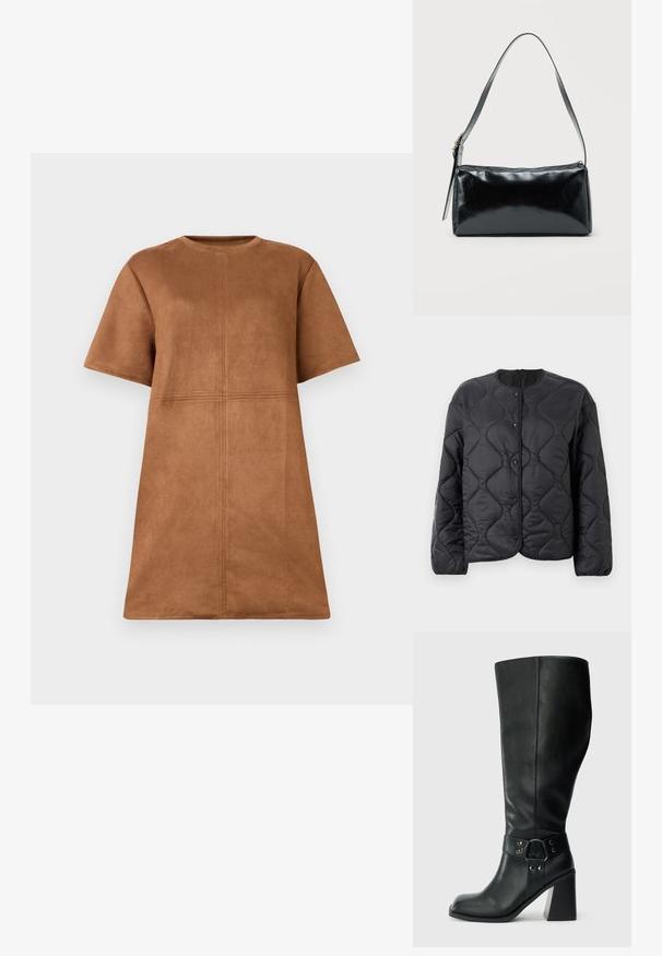 Schwarze gesteppte Jacke mit Wellensteppung, runden Halsausschnitt, Druckknopfverschluss und langen Ärmeln vor einem weißen Hintergrund.; Braunes Wildleder-Kleid mit kurzen Ärmeln und Rundhalsausschnitt, mit vertikalen und horizontalen Nahtdetails auf der Vorderseite.; Knöchelhöhe schwarze Lederstiefel mit quadratischer Spitze, breitem Absatz und einem dekorativen Riemen mit metallischen Akzenten um den Knöchel. Glatte Textur.; Schwarze rechteckige Schultertasche mit einem verstellbaren Riemen und einem oberen Reißverschluss vor einfachem Hintergrund.