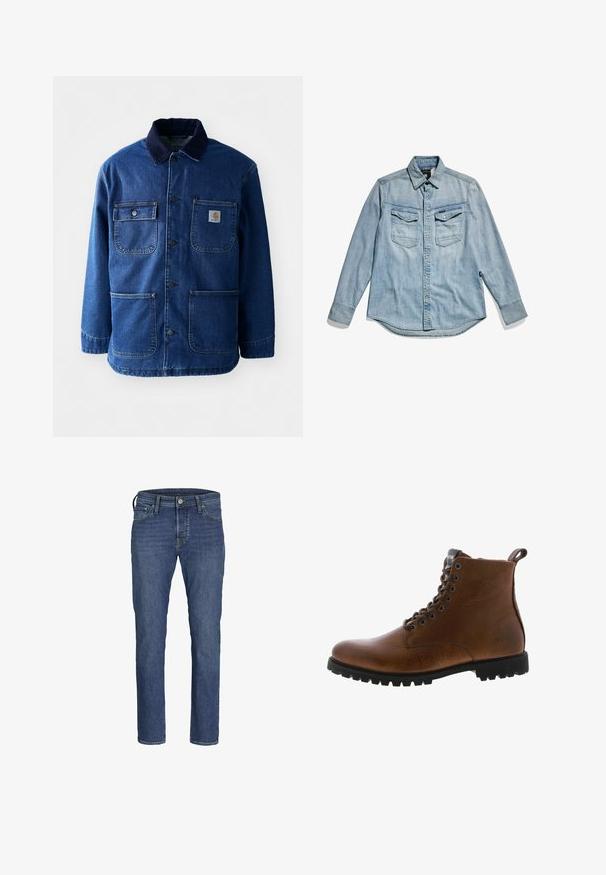 Denimjakke i mørkeblå med en kordfløjlskrave. Har fire lommer, knaplukning foran og en let indsnævret kant. Holdbart stof.; Lyseblå cowboyskjorte med lange ærmer, knaplukning foran, to brystlommer og klassisk krave. Blød tekstur med et afslappet design.; Herre blå denim jeans med lige ben-design, fem lommers styling og klassisk knap- og lynlåslukning.; Brune læder ankelstøvler med tekstureret overflade, metaløjer og sort gummisål. Har en træktab bagpå for nem påtagning.