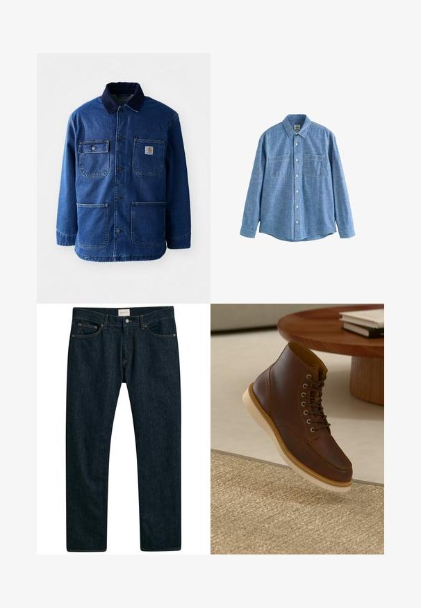 Denimjakke i mørkeblå med en kordfløjlskrave. Har fire lommer, knaplukning foran og en let indsnævret kant. Holdbart stof.; Langærmet blå chambray-skjorte med knaplukning foran og to brystlommer, lagt fladt på en hvid baggrund.; Mørkeblå denim jeans med lige ben, fem lomme styling og kontrastsyet på sømmene. Glat stoftekstur.; Brune læderankelstøvle med beige sål på et struktureret beige tæppe ved siden af et rundt træbord med stakke af bøger.