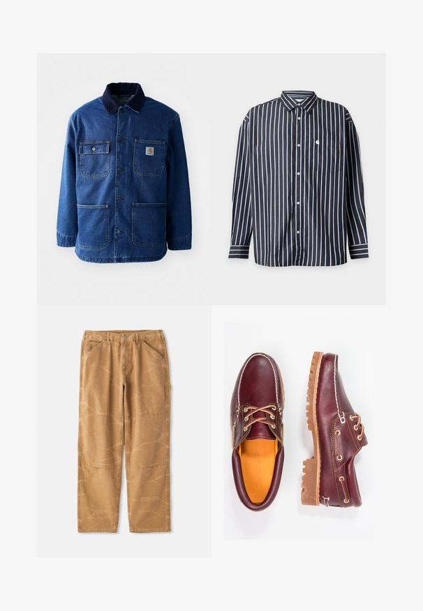 Veste en denim bleu foncé avec un col en velours côtelé. Comprend quatre poches, un devant à boutons et un ourlet légèrement taillé. Tissu durable.; Chemise noire à manches longues boutonnée avec des rayures verticales blanches, une poche poitrine avant et un col classique.; Pantalons en coton beige avec une coupe ample, présentant des coutures visibles, des détails en patch et une texture légèrement froissée.; Chaussures en cuir bourgogne avec semelles en caoutchouc marron, bout rond, couture blanche et œillets dorés. L'intérieur présente une doublure jaune.