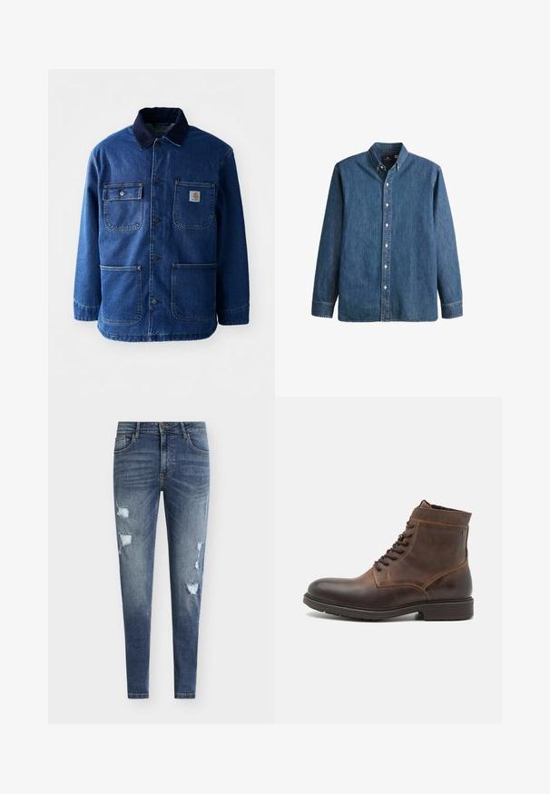 Chaqueta de mezclilla en azul oscuro con un cuello de pana. Presenta cuatro bolsillos, cierre de botones en la parte frontal y un dobladillo ligeramente ajustado. Tejido duradero.; Camisa de mezclilla de botón en azul medio, con mangas largas, collar puntiagudo, botones blancos y un corte ajustado con un sutil bordado de logo.; Vaqueros de mezclilla azul de corte ajustado con detalles desgastados, múltiples rasgaduras y un lavado desvanecido. Cuenta con un diseño de cinco bolsillos y trabillas para cinturón.; Jack & Jones JFWDELANEY BOOT - Botines con cordones - cognac