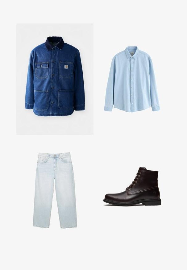 Denimjakke i mørkeblå med en kordfløjlskrave. Har fire lommer, knaplukning foran og en let indsnævret kant. Holdbart stof.; Lyseblå denimskjorte med lange ærmer, knapper og krave, medium størrelse, vist mod en hvid baggrund.; Lysblå højtaljede straight-leg jeans med frontknap, lommer og lille mærket metalmærke på den højre forlommer.; Mørkebrun læder snørestøvle med gummisål og subtilt præget logo nær hælen, vist fra ydersiden.