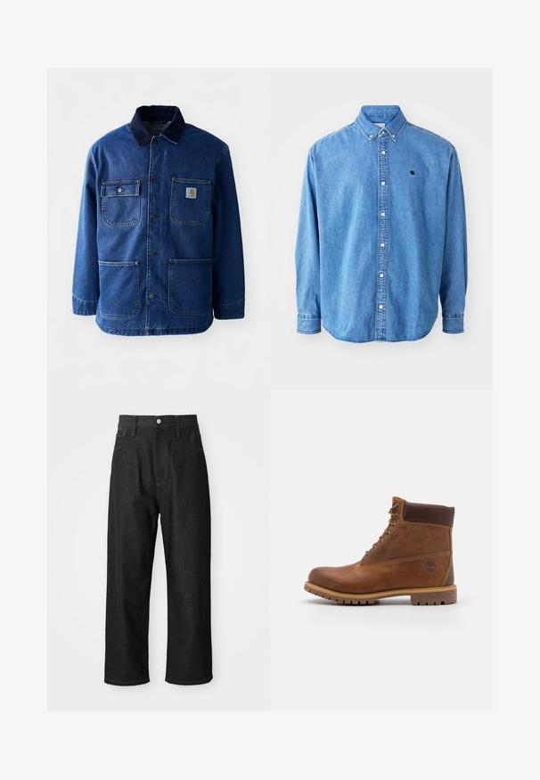 Denimjack in donkerblauw met een corduroy kraag. Heeft vier zakken, een knoopsluiting aan de voorkant en een licht tappende zoom. Duurzame stof.; Denim button-up shirt, lichtblauw van kleur, met een puntkraag, lange mouwen en een klein logo op de borst. Voorzien van witte knopen en gestikte naden.; Zwarte denim broek met een relaxte pasvorm, hoge taille, ritssluiting en vijf-pocket ontwerp. Duidelijke stiksels als accent door het hele ontwerp.; Bruine leren wandelschoen met een gladde afwerking, gevoerde enkel, metalen oogjes en een rubberen zool met een robuust profiel.