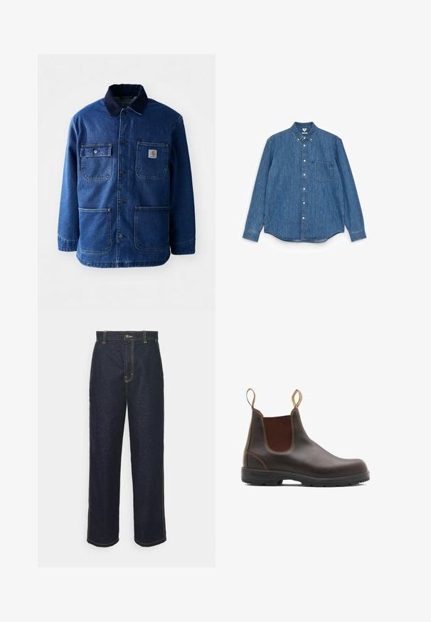 Chaqueta de mezclilla en azul oscuro con un cuello de pana. Presenta cuatro bolsillos, cierre de botones en la parte frontal y un dobladillo ligeramente ajustado. Tejido duradero.; Camisa de mezclilla azul de manga larga con cuello puntiagudo, botones blancos, un bolsillo en el pecho y un dobladillo recto. Textura uniforme y peso medio.; Jeans de mezclilla oscuros de pierna ancha con costuras amarillas, que cuentan con un cierre frontal de botón y bolsillos laterales. Textura suave y diseño tradicional.; Botas Chelsea de cuero marrón con paneles laterales elásticos y tiradores. Parte superior texturizada, suela de goma duradera y detalle de costura en contraste.