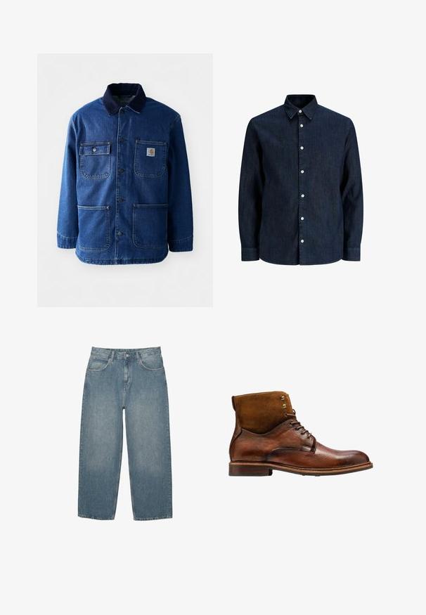 Denimjakke i mørkeblå med en kordfløjlskrave. Har fire lommer, knaplukning foran og en let indsnævret kant. Holdbart stof.; Mørkeblå denimskjorte med lange ærmer, hvide knapper og spids krave, vist på hvid baggrund.; Blå højtaljede lige jeans med forlommer, bæltestropper, knaplukning og subtilt slid på en hvid baggrund.; Kazar ALID - Snørestøvletter - brown
