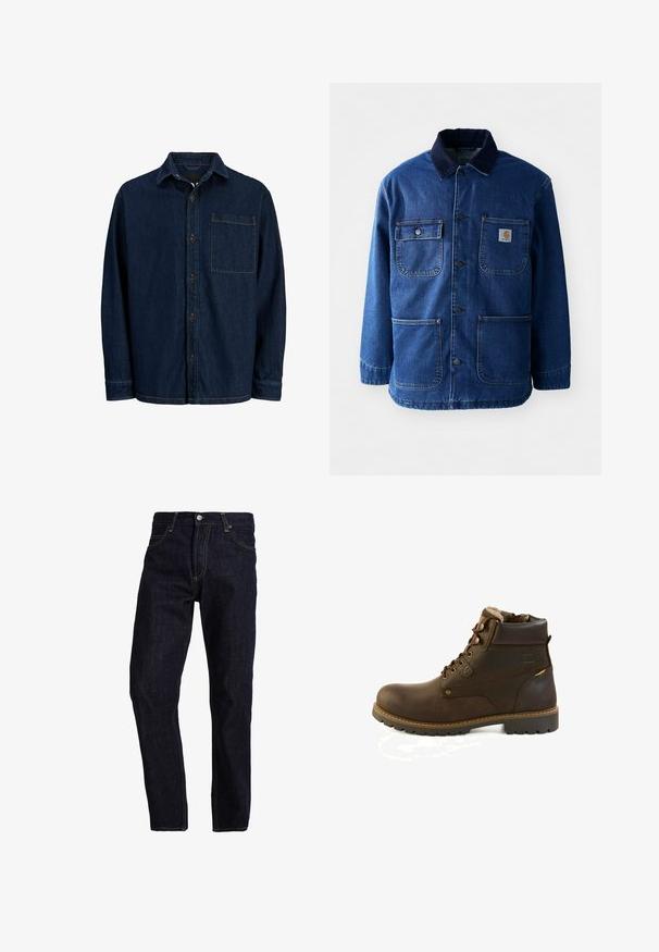 Denimjakke i mørkeblå med en kordfløjlskrave. Har fire lommer, knaplukning foran og en let indsnævret kant. Holdbart stof.; Mørk denim skjorte med lange ærmer, spids krave og brystlomme. Har brune knapper og gule syninger som detaljer.; Mørkeblå denim jeans med lige pasform, med gul syning, fem lommer og en klassisk knap- og lynlås lukning.; Brun læder ankelstøvle med snørelukning, polstret krave, fleecefor og robust sål med mønster, designet til udendørs brug eller vintervejr.