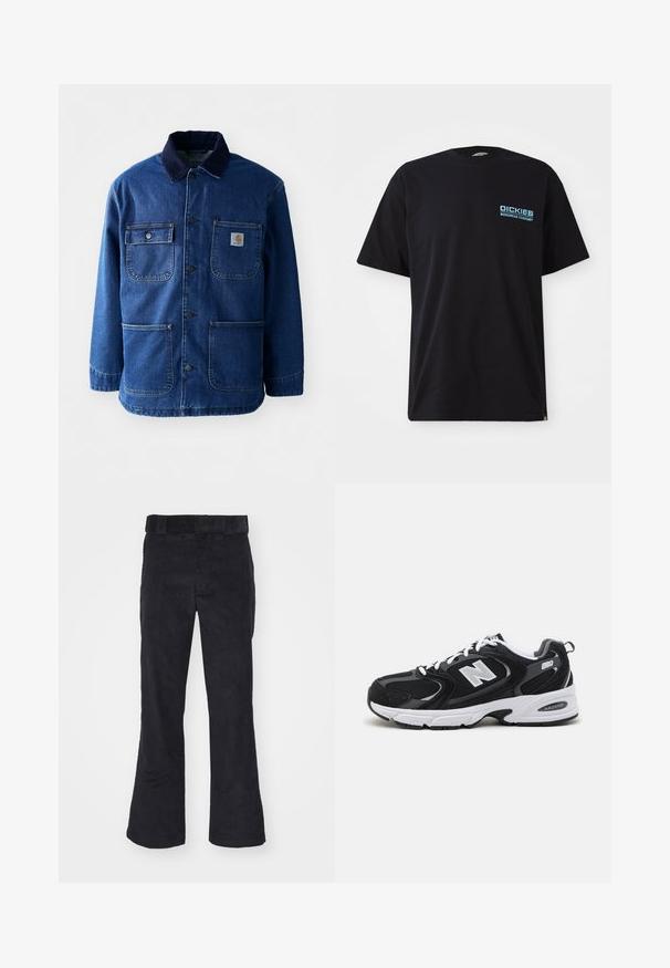 Jeansjacke in Dunkelblau mit einem Cordkragen. Verfügt über vier Taschen, eine Knopfleiste vorne und einen leicht taillierten Saum. Strapazierfähiger Stoff.; Schwarzes Baumwoll-T-Shirt mit kurzen Ärmeln, das ein blaues "DICKIES WORKWEAR COMPANY"-Logo auf der linken Brust trägt. Klassischer Rundhalsausschnitt.; Schwarze Cordhosen mit lockerer Passform, klassischem Bund und weit geschnittenen Beinen, weicher Textur und ohne sichtbare Muster oder Akzente.; Schwarze und graue Sportschuhe mit Obermaterial aus Mesh und Wildleder, ausgestattet mit einer weißen Zwischensohle, Schnürsenkeln und einem markanten "N"-Logo an der Seite.