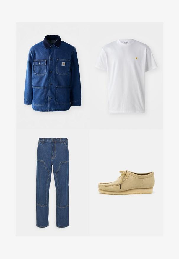 Veste en denim bleu foncé avec un col en velours côtelé. Comprend quatre poches, un devant à boutons et un ourlet légèrement taillé. Tissu durable.; T-shirt en coton blanc à manches courtes, col rond, avec un petit logo doré sur la poitrine gauche. Texture douce et coupe régulière.; Jean en denim bleu avec une coupe droite, poches avant à patch et coutures contrastées. Le tissu a une texture et une finition classiques.; Chaussure en daim beige avec un design à lacets, des détails cousus et une semelle en caoutchouc. La forme est décontractée avec un léger talon compensé.