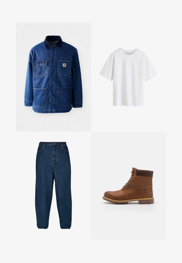 Denimjakke i mørkeblå med en kordfløjlskrave. Har fire lommer, knaplukning foran og en let indsnævret kant. Holdbart stof.; Simpel hvid kortærmet bomuld t-shirt med rund hals, vist forfra på hvid baggrund.; Mørkeblå denimjeans med en afslappet pasform, høj talje og elastiske manchetter. Har en lukning med knap fortil og fem lommer.; Brun læder vandrestøvle med en glat finish, polstret ankel, metalliske snørehuller og en gummisål med et robust dækmønster.