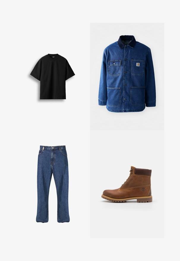 Denimjakke i mørkeblå med en kordfløjlskrave. Har fire lommer, knaplukning foran og en let indsnævret kant. Holdbart stof.; Sort T-shirt med korte ærmer og rund hals, lagt fladt mod en hvid baggrund med en synlig lille nakkemærke.; Mørkeblå denim jeans med lige bendesign, klassisk fem-lomme stil og synligt syning langs sømmene.; Brun læder vandrestøvle med en glat finish, polstret ankel, metalliske snørehuller og en gummisål med et robust dækmønster.